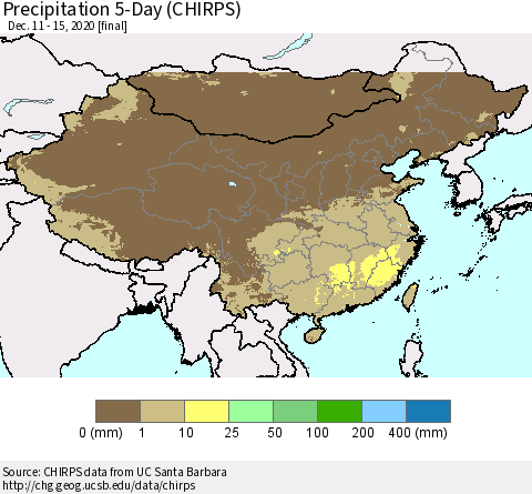 China, Mongolia and Taiwan Precipitation 5-Day (CHIRPS) Thematic Map For 12/11/2020 - 12/15/2020