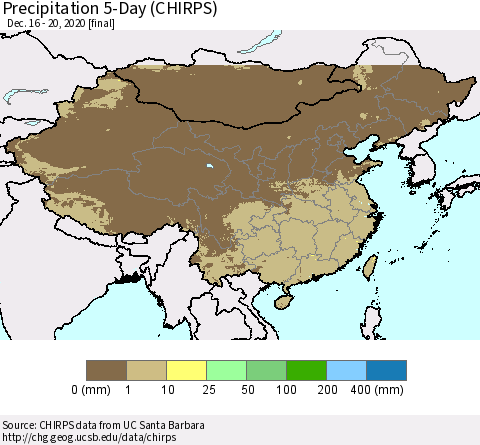 China, Mongolia and Taiwan Precipitation 5-Day (CHIRPS) Thematic Map For 12/16/2020 - 12/20/2020