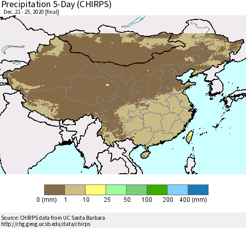 China, Mongolia and Taiwan Precipitation 5-Day (CHIRPS) Thematic Map For 12/21/2020 - 12/25/2020