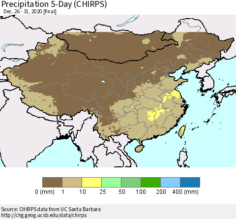 China, Mongolia and Taiwan Precipitation 5-Day (CHIRPS) Thematic Map For 12/26/2020 - 12/31/2020