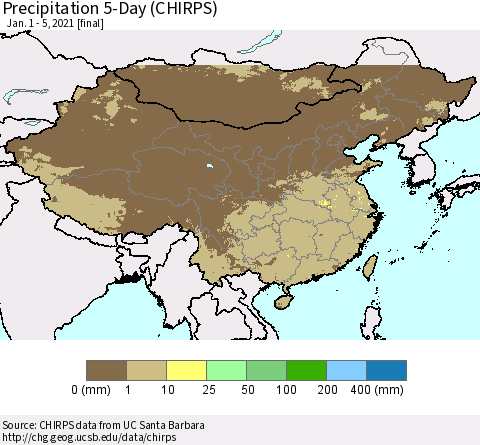 China, Mongolia and Taiwan Precipitation 5-Day (CHIRPS) Thematic Map For 1/1/2021 - 1/5/2021