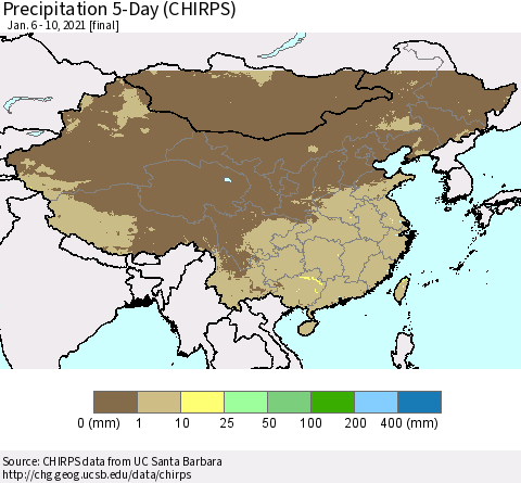 China, Mongolia and Taiwan Precipitation 5-Day (CHIRPS) Thematic Map For 1/6/2021 - 1/10/2021