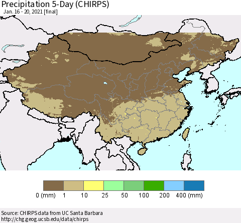 China, Mongolia and Taiwan Precipitation 5-Day (CHIRPS) Thematic Map For 1/16/2021 - 1/20/2021