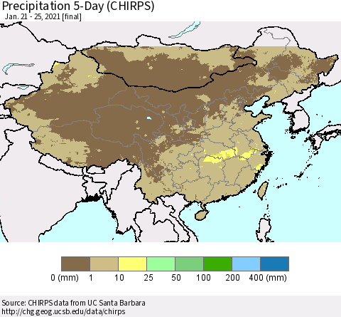 China, Mongolia and Taiwan Precipitation 5-Day (CHIRPS) Thematic Map For 1/21/2021 - 1/25/2021