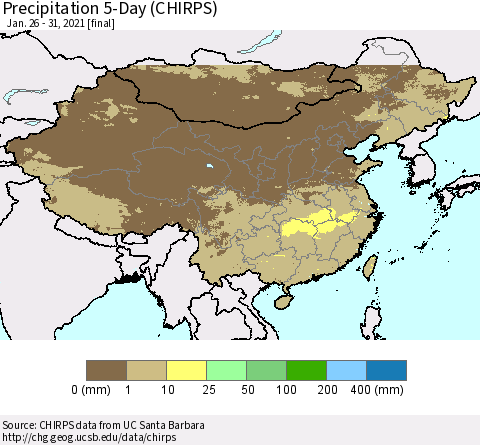 China, Mongolia and Taiwan Precipitation 5-Day (CHIRPS) Thematic Map For 1/26/2021 - 1/31/2021