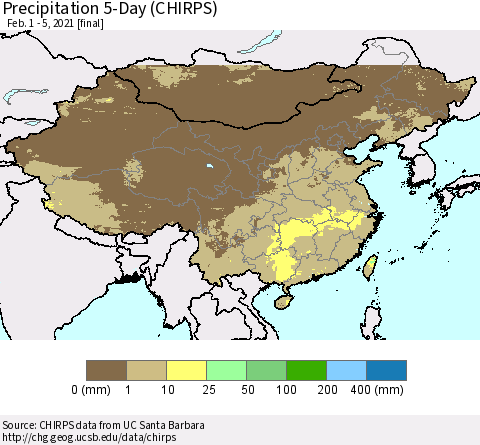 China, Mongolia and Taiwan Precipitation 5-Day (CHIRPS) Thematic Map For 2/1/2021 - 2/5/2021
