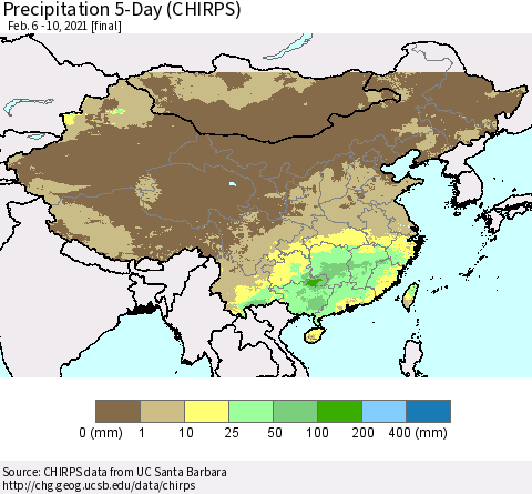 China, Mongolia and Taiwan Precipitation 5-Day (CHIRPS) Thematic Map For 2/6/2021 - 2/10/2021