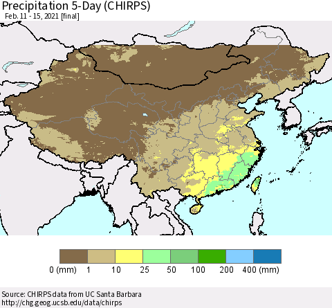 China, Mongolia and Taiwan Precipitation 5-Day (CHIRPS) Thematic Map For 2/11/2021 - 2/15/2021