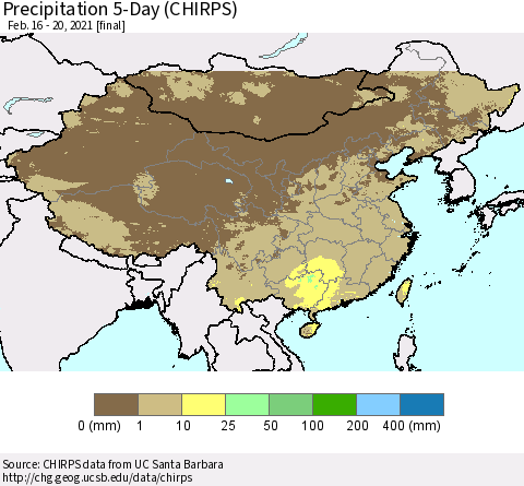 China, Mongolia and Taiwan Precipitation 5-Day (CHIRPS) Thematic Map For 2/16/2021 - 2/20/2021