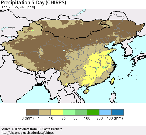 China, Mongolia and Taiwan Precipitation 5-Day (CHIRPS) Thematic Map For 2/21/2021 - 2/25/2021