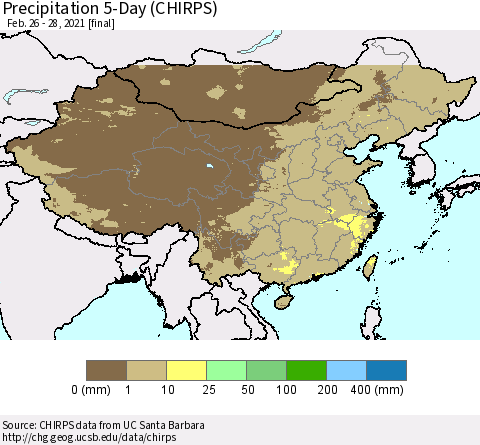 China, Mongolia and Taiwan Precipitation 5-Day (CHIRPS) Thematic Map For 2/26/2021 - 2/28/2021