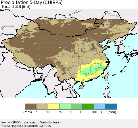 China, Mongolia and Taiwan Precipitation 5-Day (CHIRPS) Thematic Map For 3/1/2021 - 3/5/2021