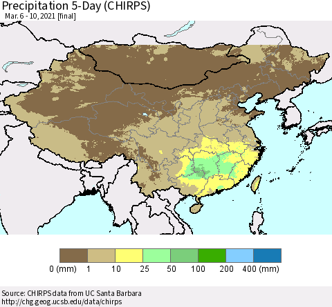 China, Mongolia and Taiwan Precipitation 5-Day (CHIRPS) Thematic Map For 3/6/2021 - 3/10/2021