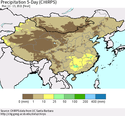 China, Mongolia and Taiwan Precipitation 5-Day (CHIRPS) Thematic Map For 3/11/2021 - 3/15/2021