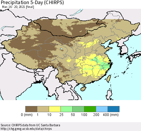 China, Mongolia and Taiwan Precipitation 5-Day (CHIRPS) Thematic Map For 3/16/2021 - 3/20/2021
