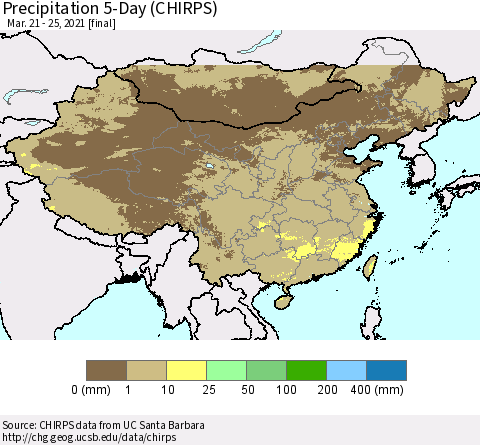 China, Mongolia and Taiwan Precipitation 5-Day (CHIRPS) Thematic Map For 3/21/2021 - 3/25/2021
