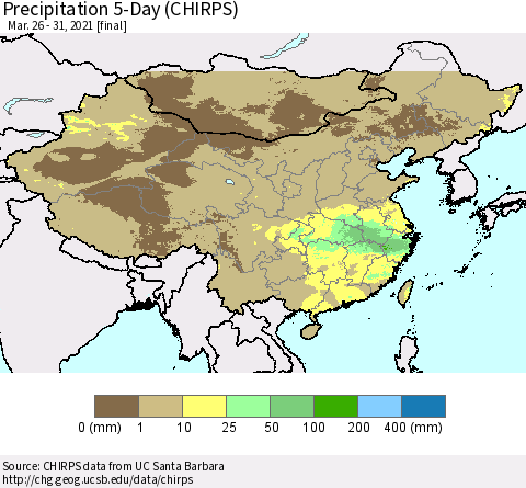 China, Mongolia and Taiwan Precipitation 5-Day (CHIRPS) Thematic Map For 3/26/2021 - 3/31/2021