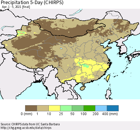 China, Mongolia and Taiwan Precipitation 5-Day (CHIRPS) Thematic Map For 4/1/2021 - 4/5/2021