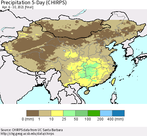 China, Mongolia and Taiwan Precipitation 5-Day (CHIRPS) Thematic Map For 4/6/2021 - 4/10/2021