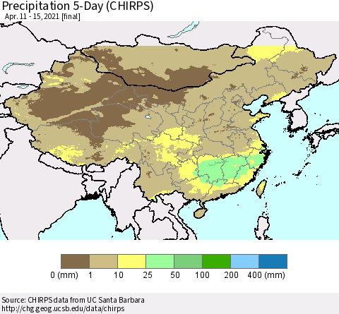China, Mongolia and Taiwan Precipitation 5-Day (CHIRPS) Thematic Map For 4/11/2021 - 4/15/2021