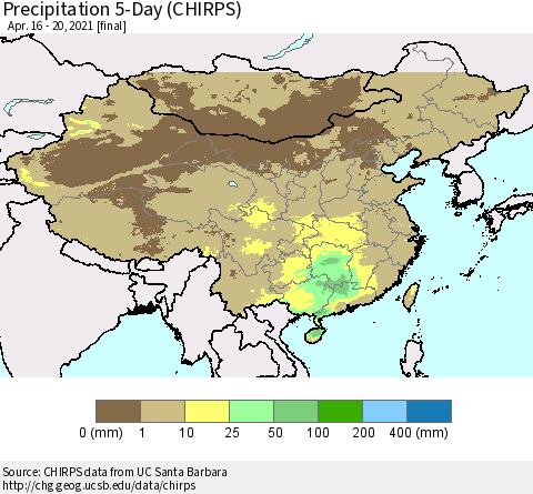 China, Mongolia and Taiwan Precipitation 5-Day (CHIRPS) Thematic Map For 4/16/2021 - 4/20/2021