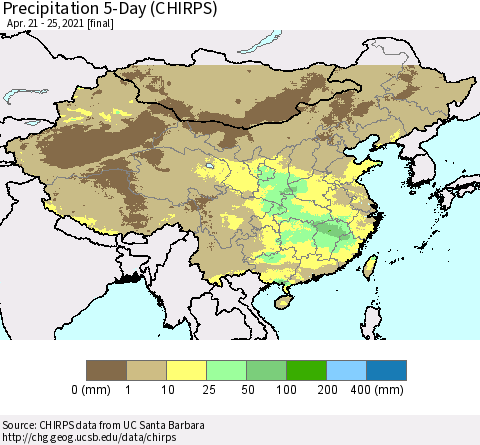 China, Mongolia and Taiwan Precipitation 5-Day (CHIRPS) Thematic Map For 4/21/2021 - 4/25/2021