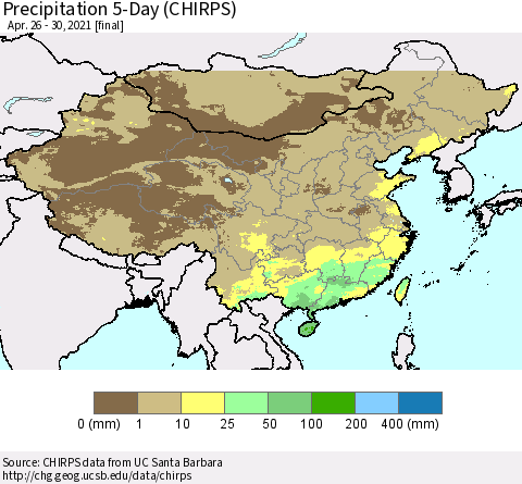 China, Mongolia and Taiwan Precipitation 5-Day (CHIRPS) Thematic Map For 4/26/2021 - 4/30/2021