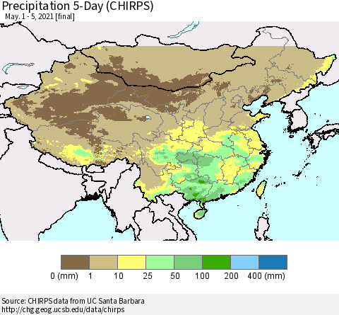 China, Mongolia and Taiwan Precipitation 5-Day (CHIRPS) Thematic Map For 5/1/2021 - 5/5/2021