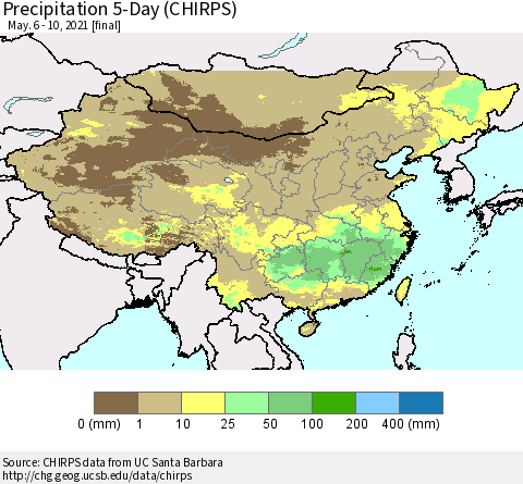 China, Mongolia and Taiwan Precipitation 5-Day (CHIRPS) Thematic Map For 5/6/2021 - 5/10/2021