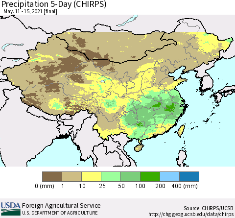 China, Mongolia and Taiwan Precipitation 5-Day (CHIRPS) Thematic Map For 5/11/2021 - 5/15/2021
