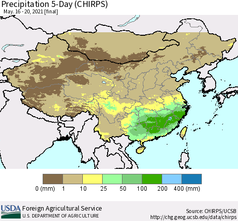 China, Mongolia and Taiwan Precipitation 5-Day (CHIRPS) Thematic Map For 5/16/2021 - 5/20/2021