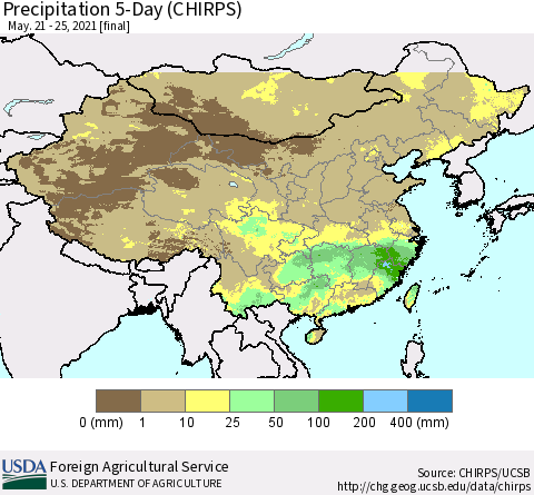 China, Mongolia and Taiwan Precipitation 5-Day (CHIRPS) Thematic Map For 5/21/2021 - 5/25/2021
