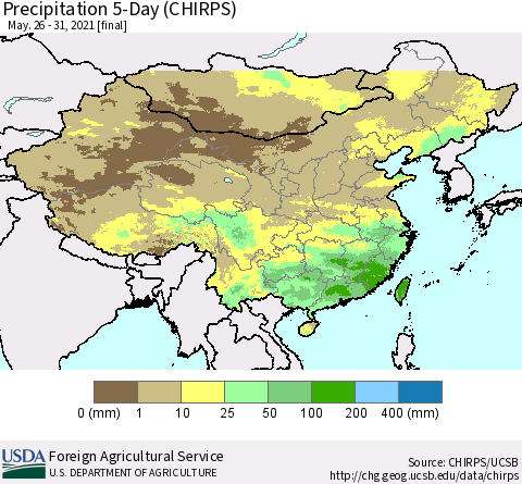China, Mongolia and Taiwan Precipitation 5-Day (CHIRPS) Thematic Map For 5/26/2021 - 5/31/2021