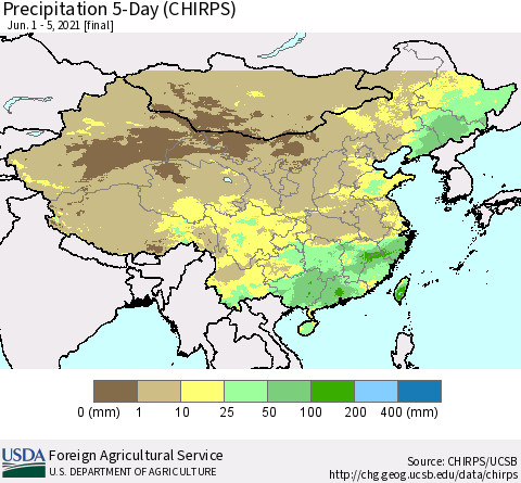 China, Mongolia and Taiwan Precipitation 5-Day (CHIRPS) Thematic Map For 6/1/2021 - 6/5/2021