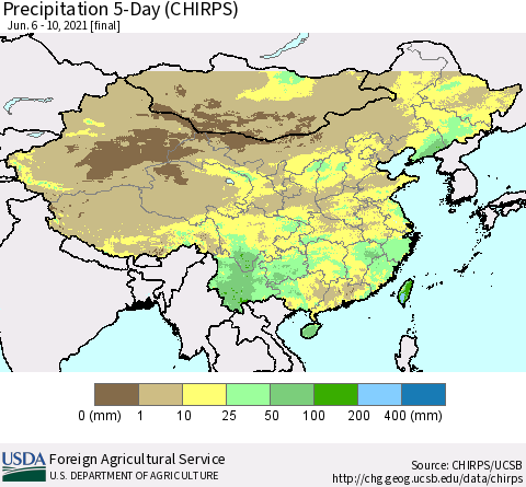 China, Mongolia and Taiwan Precipitation 5-Day (CHIRPS) Thematic Map For 6/6/2021 - 6/10/2021