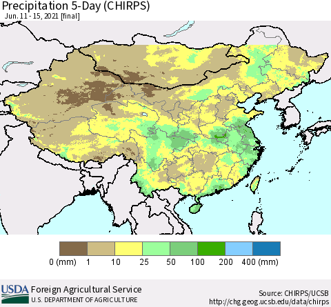 China, Mongolia and Taiwan Precipitation 5-Day (CHIRPS) Thematic Map For 6/11/2021 - 6/15/2021