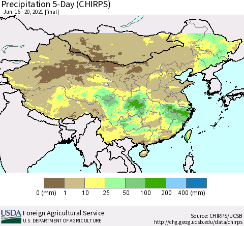 China, Mongolia and Taiwan Precipitation 5-Day (CHIRPS) Thematic Map For 6/16/2021 - 6/20/2021