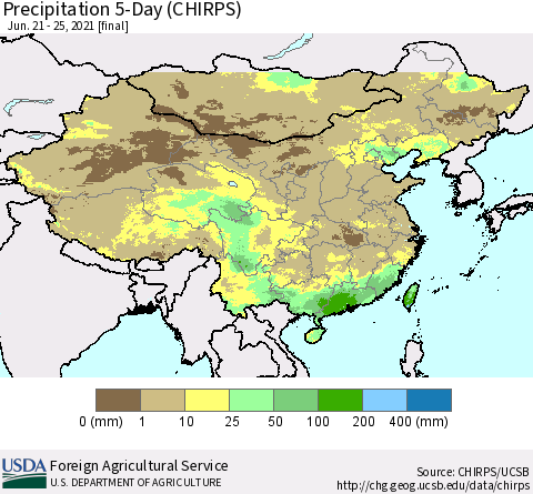 China, Mongolia and Taiwan Precipitation 5-Day (CHIRPS) Thematic Map For 6/21/2021 - 6/25/2021