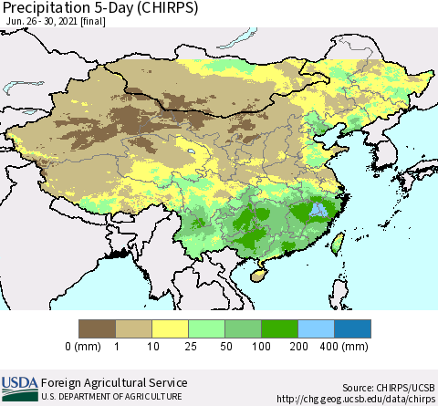 China, Mongolia and Taiwan Precipitation 5-Day (CHIRPS) Thematic Map For 6/26/2021 - 6/30/2021