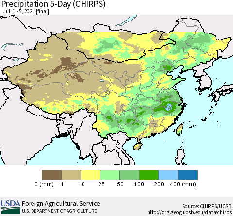 China, Mongolia and Taiwan Precipitation 5-Day (CHIRPS) Thematic Map For 7/1/2021 - 7/5/2021