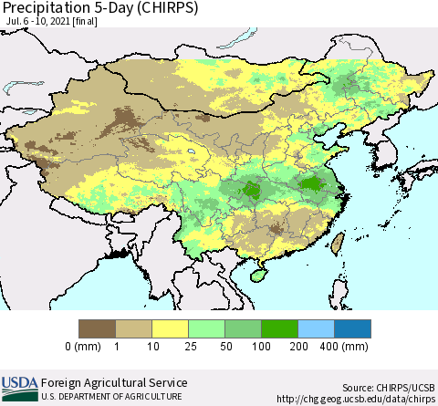 China, Mongolia and Taiwan Precipitation 5-Day (CHIRPS) Thematic Map For 7/6/2021 - 7/10/2021