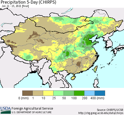 China, Mongolia and Taiwan Precipitation 5-Day (CHIRPS) Thematic Map For 7/11/2021 - 7/15/2021
