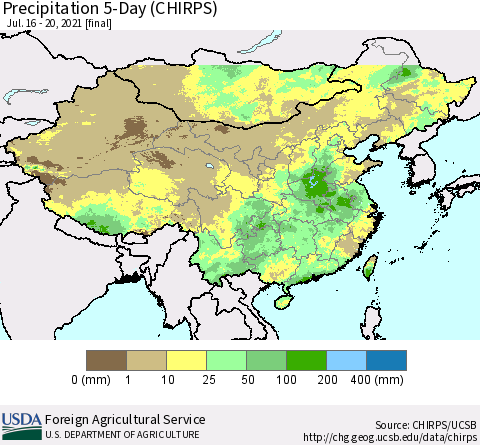 China, Mongolia and Taiwan Precipitation 5-Day (CHIRPS) Thematic Map For 7/16/2021 - 7/20/2021
