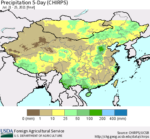 China, Mongolia and Taiwan Precipitation 5-Day (CHIRPS) Thematic Map For 7/21/2021 - 7/25/2021