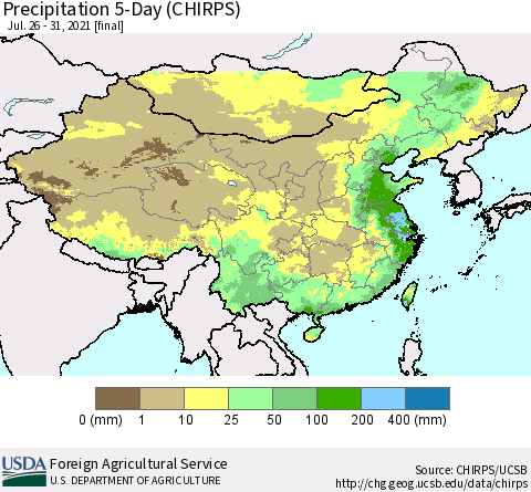 China, Mongolia and Taiwan Precipitation 5-Day (CHIRPS) Thematic Map For 7/26/2021 - 7/31/2021
