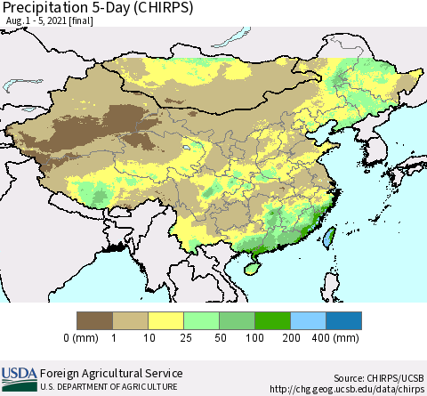China, Mongolia and Taiwan Precipitation 5-Day (CHIRPS) Thematic Map For 8/1/2021 - 8/5/2021