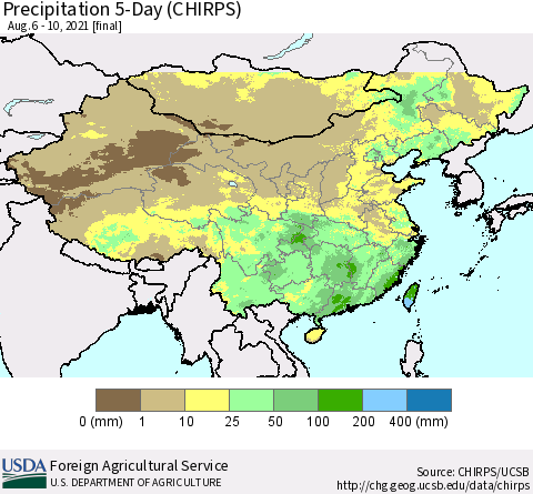 China, Mongolia and Taiwan Precipitation 5-Day (CHIRPS) Thematic Map For 8/6/2021 - 8/10/2021