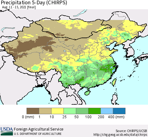 China, Mongolia and Taiwan Precipitation 5-Day (CHIRPS) Thematic Map For 8/11/2021 - 8/15/2021