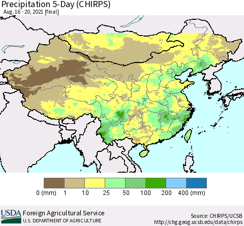 China, Mongolia and Taiwan Precipitation 5-Day (CHIRPS) Thematic Map For 8/16/2021 - 8/20/2021