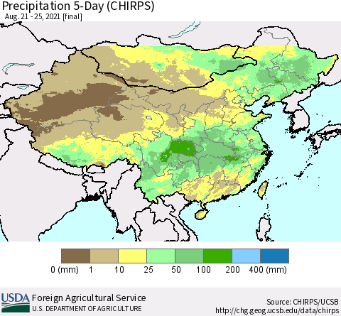 China, Mongolia and Taiwan Precipitation 5-Day (CHIRPS) Thematic Map For 8/21/2021 - 8/25/2021
